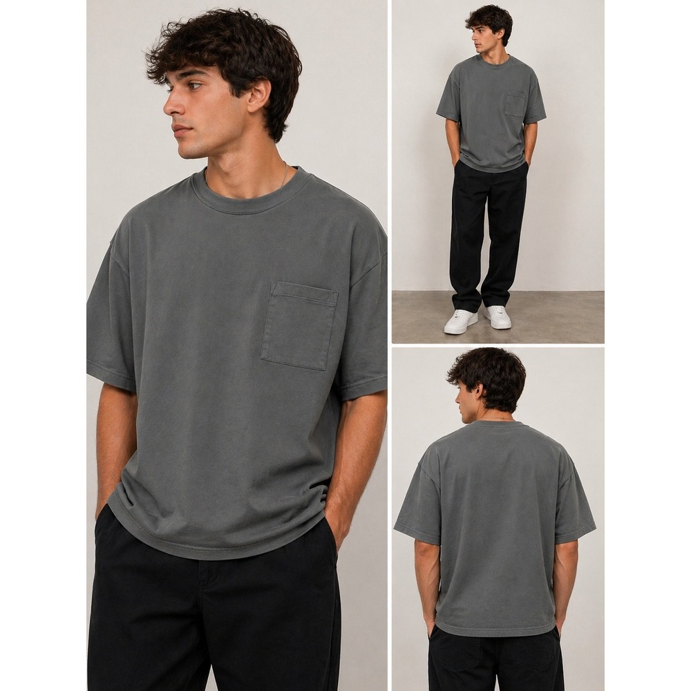 Basic crew Neck Pocket Tee Mens XL Gray Oversized Minimalist Streetwear Shirt